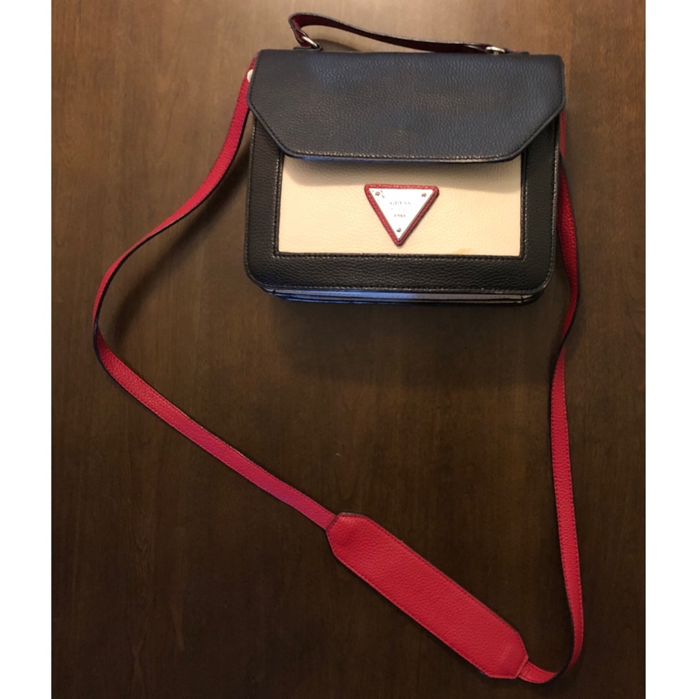 Guess Red/ White/ Black Leather Messenger Bag